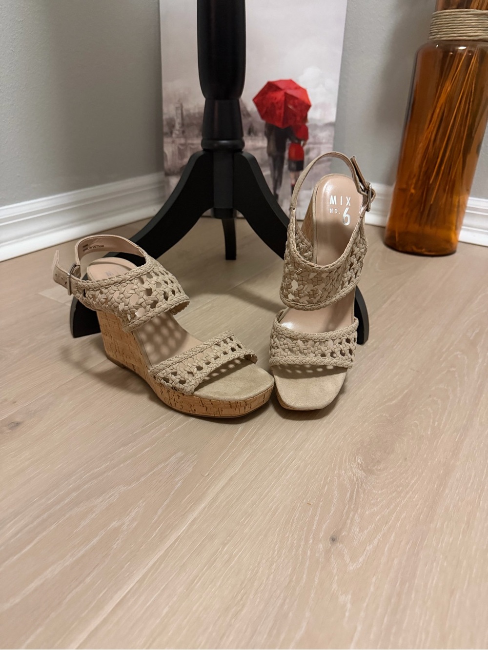 Mix No. 6 Neutral Beige Woven Cork Wedge Sandals